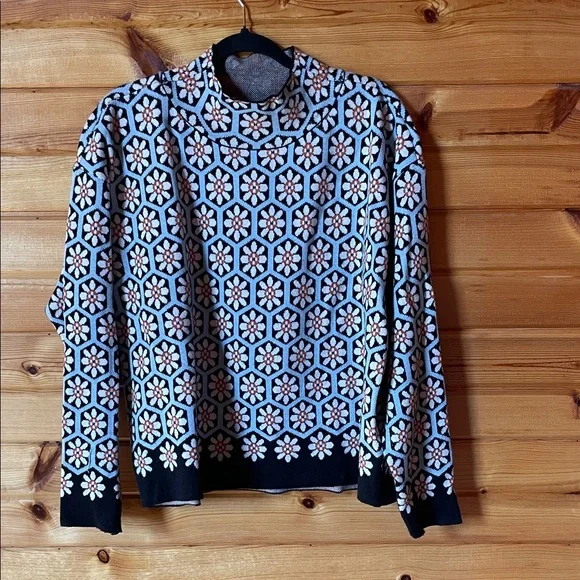 Anthropologie Geometric Floral Turtleneck Sweater - Black, White, and Orange - Picture 3 of 4